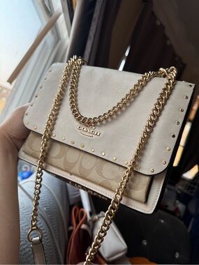 Coach Ivory and Signature Canvas Chain Crossbody with Gold Hardware